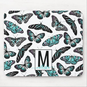 Aqua Teal Butterflies Watercolor Mönster Monogram Musmatta