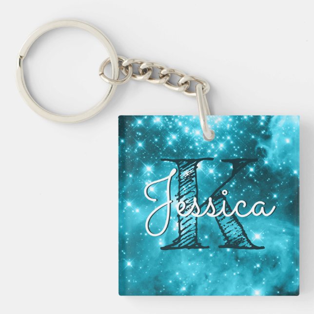 Aqua Teal Celestial Starry Monogram (Framsidan)