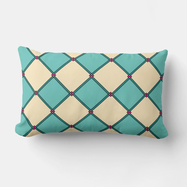 Aqua Teal Cream Art Deco Stil Lumbar Pillow Lumbarkudde (Framsida)