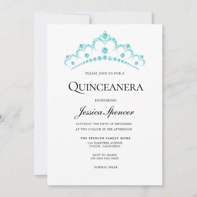 Aqua Teal Diamond Tiara Quinceanera Inbjudan (Framsida)