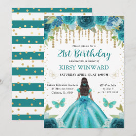 Aqua & Teal Dress Mörk Skin Princess 21:a födelsed Inbjudningar