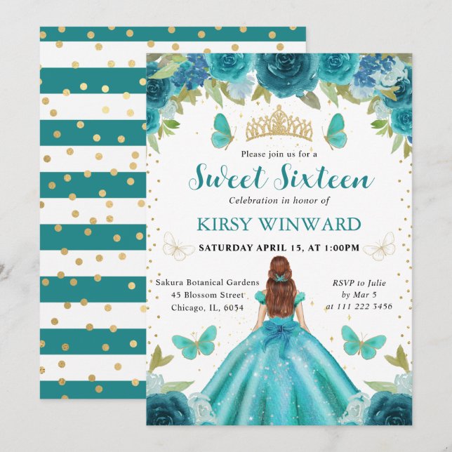 Aqua & Teal Dress Red Hair Princess Sweet 16 Inbjudningar (Fram/baksida)