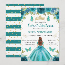 Aqua & Teal Dress Red Hair Princess Sweet 16 Inbjudningar