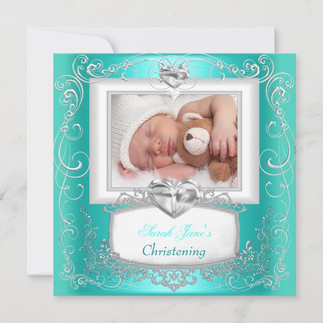 Aqua Teal Flicka Boy Christening Baptism Kor Meddelande (Framsida)