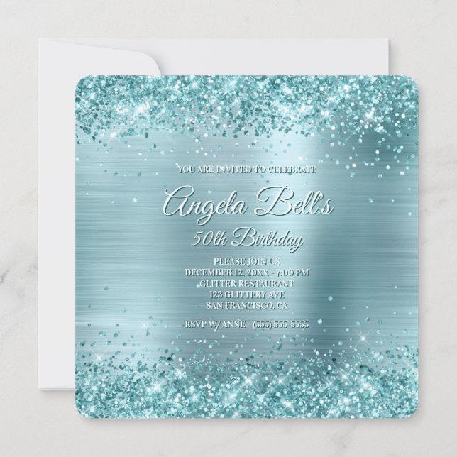 Aqua Teal Glitter Blek Blue Foil 50:e födelsedagen Inbjudningar (Baksida)