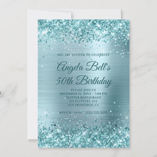 Aqua Teal Glitter Blek Blue Foil 50:e födelsedagen Inbjudningar (Baksida)