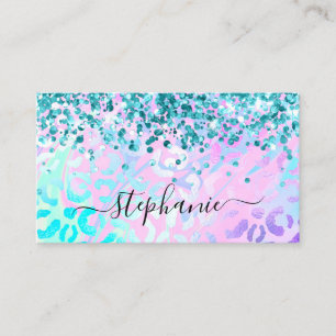 Aqua Teal Glitter Iridescent Leopard Visitkort