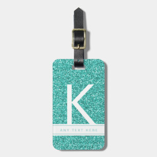 Aqua Teal Glitter Sparkly Modern Monogram Initial Bagagebricka
