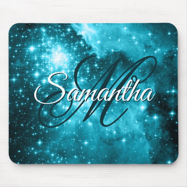 Aqua Teal Glittriga Stjärnor Celestialt Fancy Mono Musmatta (Framsidan)