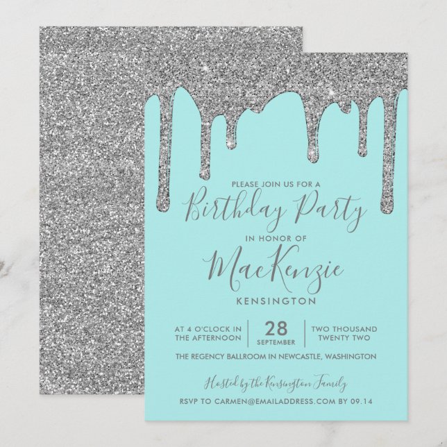 Aqua Teal Gnistra Silver Glitter Drives Birthday Inbjudningar (Fram/baksida)