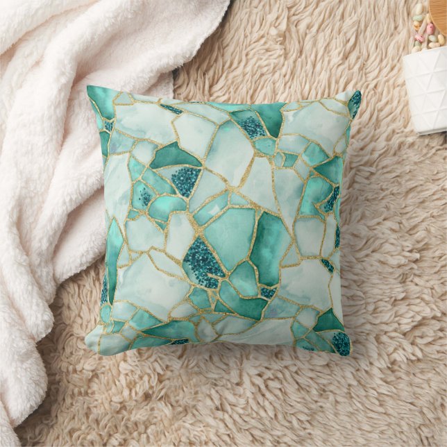 Aqua Teal Gold Watercolor Sea Glass Mosaic Pattern Kudde (Filt)