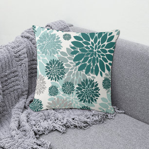 Aqua Teal Grått Flower Mönster Kudde