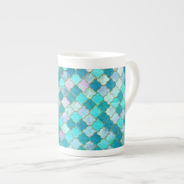 Aqua Teal Guld Oriental Moroccan Tile mönster Benporslin Mugg (Framsida höger)