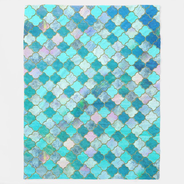 Aqua Teal Guld Oriental Moroccan Tile mönster Fleecefilt (Framsidan)