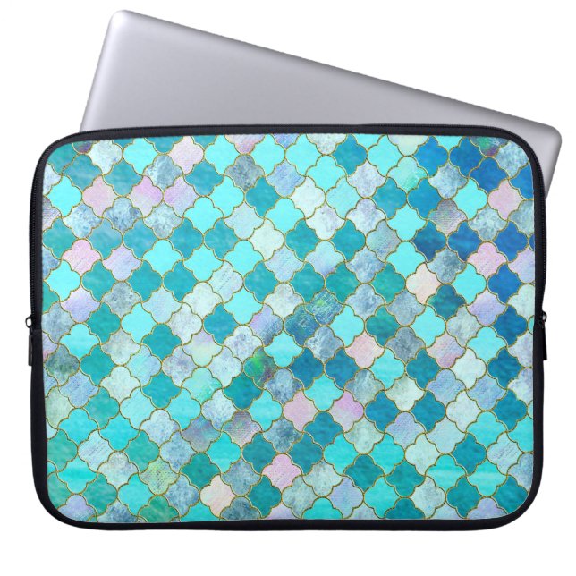 Aqua Teal Guld Oriental Moroccan Tile mönster Laptop Sleeve (Framsidan)