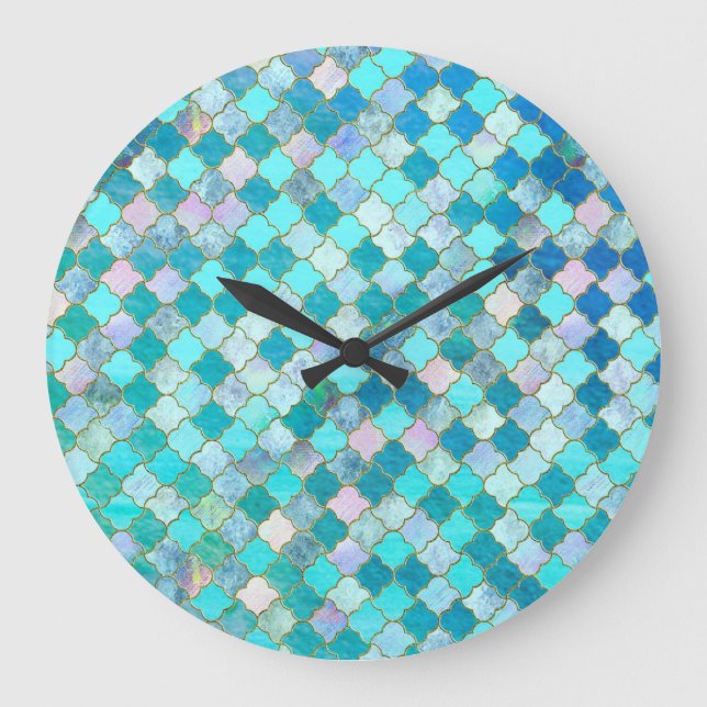 Aqua Teal Guld Oriental Moroccan Tile mönster Stor Klocka (Framsida)