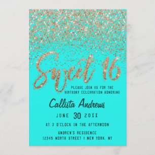 Aqua Teal Guld Scattered Glitter Ombre Sweet 16 Inbjudningar