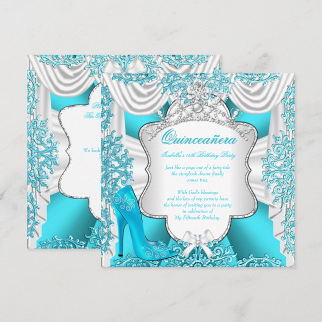 Aqua Teal Högklackars Princess Quinceanera 15:e Inbjudningar (Fram/baksida)