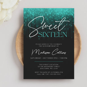 Aqua Teal Ljus Black Sweet 16 Inbjudningar