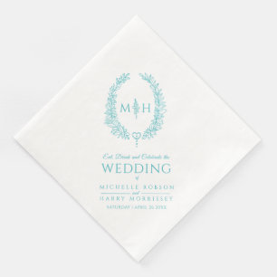 Aqua teal löv oval utandningsmonogram art bröllop pappersservett