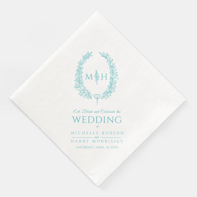 Aqua teal löv oval utandningsmonogram art bröllop pappersservett (Hörn)