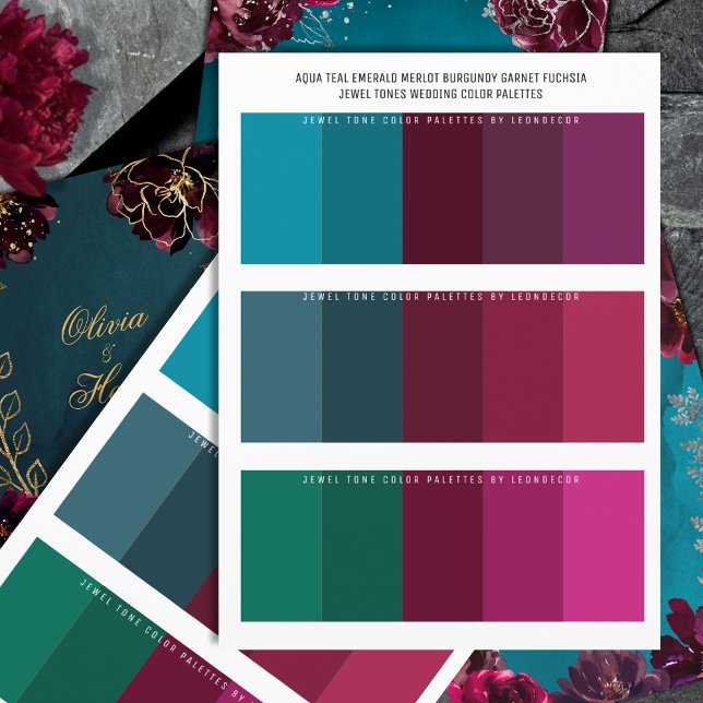 Aqua Teal Merlot Jewel Tone Bröllop Färg Palettes (Aqua Teal Merlot + Teal Bordeaux + Emerald Burgundy Jewel Tone Wedding Color Palettes)