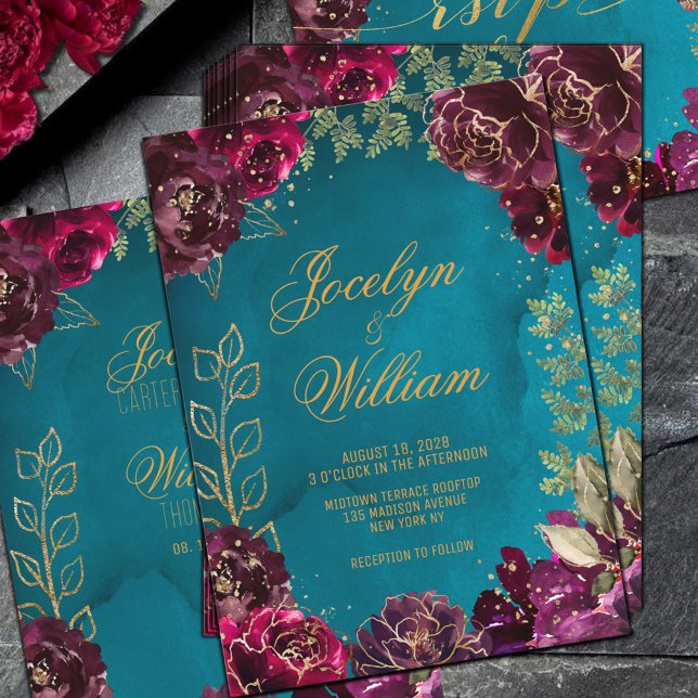 Aqua Teal Merlot Jewel Tone Guld Bröllop Inbjudningar (Aqua Teal Merlot Gold Jewel Tone Wedding Invitation)
