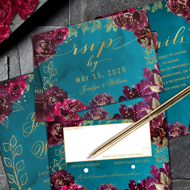 Aqua Teal Merlot Jewel Tone Guld Bröllop OSA Kort (Aqua Teal Merlot Jewel Tone Gold Wedding RSVP return-by-mail enclosure card)