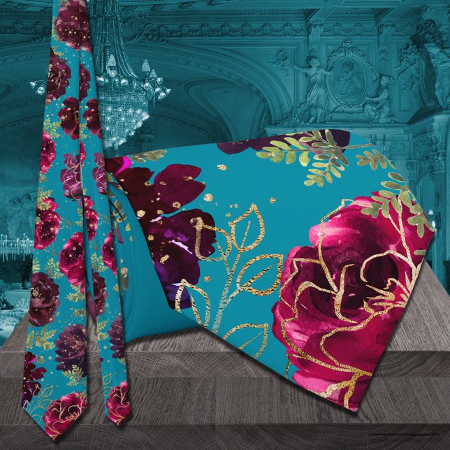 Aqua Teal Merlot Juvelton Gold Bröllop Slips (Aqua Teal Merlot Jewel Tone Gold Wedding Neck Tie)