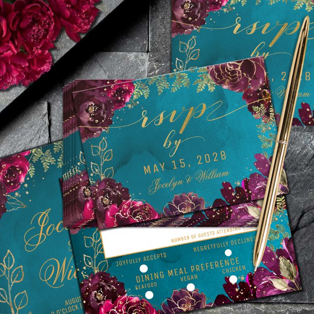 Aqua Teal Merlot Juvelton Gold Måltidsval RSVP OSA Kort (Aqua Teal Merlot Gold Jewel Tone Wedding Meal Choice RSVP Enclosure Card)