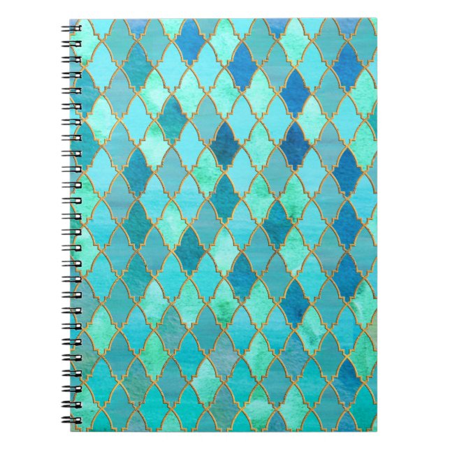 Aqua Teal Mint Guld Oriental Moroccan Tile mönster Anteckningsbok (Framsidan)