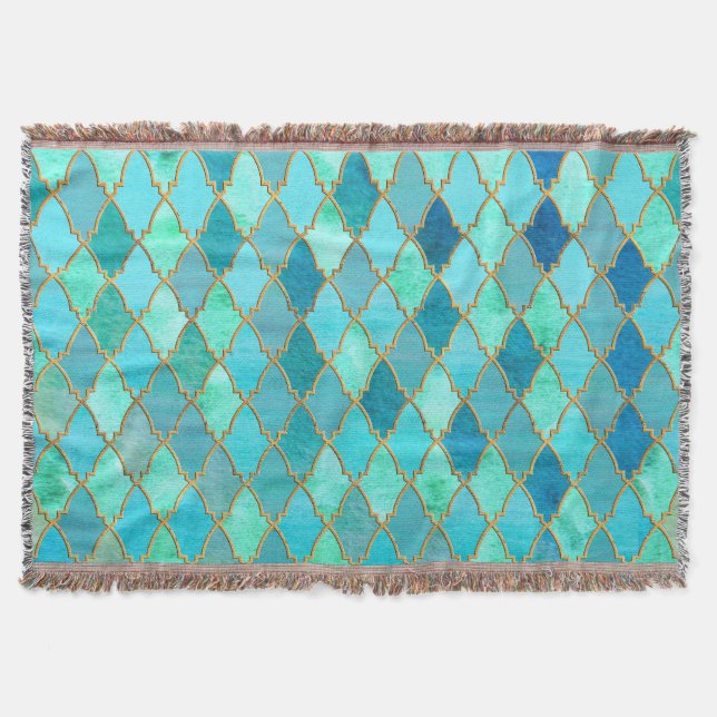 Aqua Teal Mint Guld Oriental Moroccan Tile mönster Filt (Framsidan)