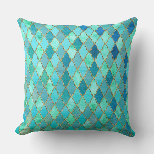 Aqua Teal Mint Guld Oriental Moroccan Tile mönster Kudde (Framsida)