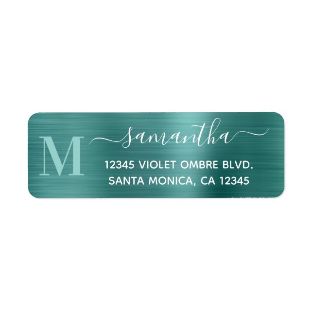 Aqua Teal Modernt Signaturmonogram Returadress Etikett (Framsidan)