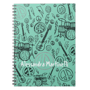Aqua Teal Musik Doodles Gitarrer & Trummor Anpassa Anteckningsbok