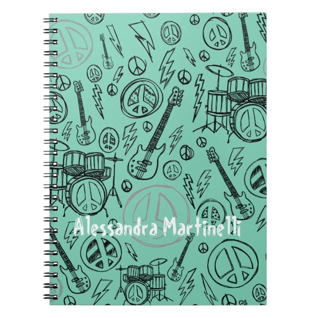 Aqua Teal Musik Doodles Gitarrer & Trummor Anpassn Anteckningsbok (Framsidan)