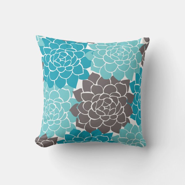 Aqua Teal och Grafitgrå Blommig Kollage Kudde (Framsida)