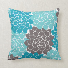 Aqua Teal och Grafitgrå Blommig Kollage Kudde