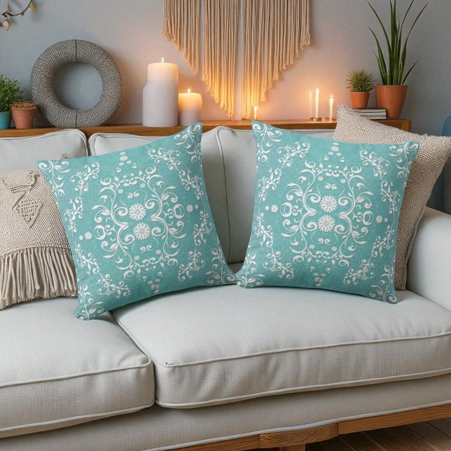 Aqua Teal och Vit Blommig Damask Kudde (Skapare uppladdad)