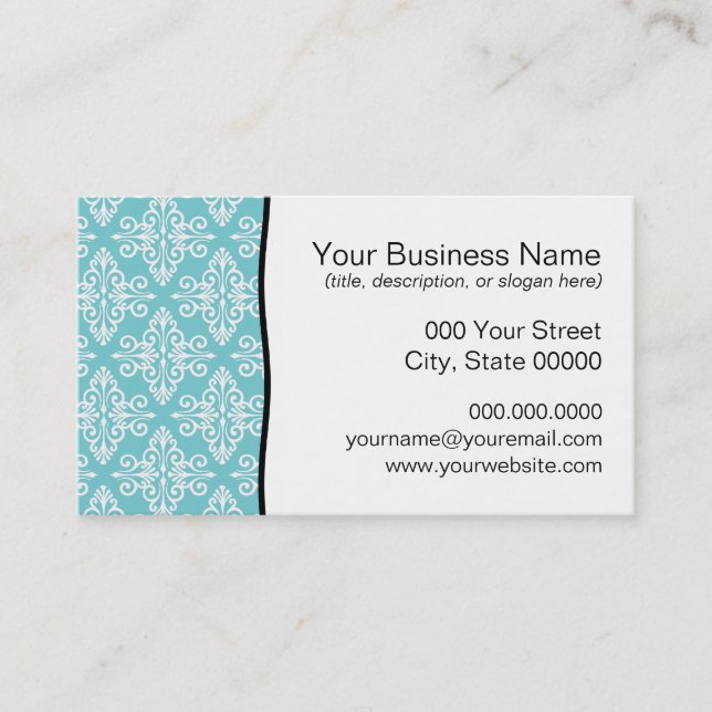 Aqua Teal och Vit Damask Visitkort (Framsida)