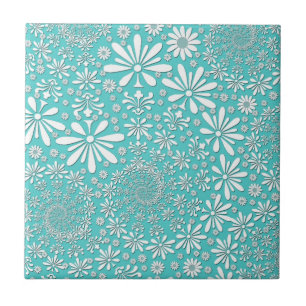 Aqua Teal och Vita Vårblommor Mönster Kakelplatta