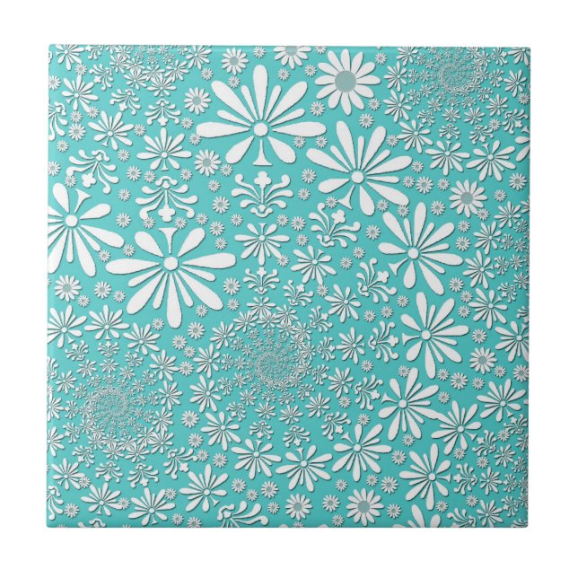 Aqua Teal och Vita Vårblommor Mönster Kakelplatta (Framsidan)