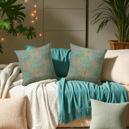 Aqua Teal över Brunt Vintage Damask-mönster Kudde