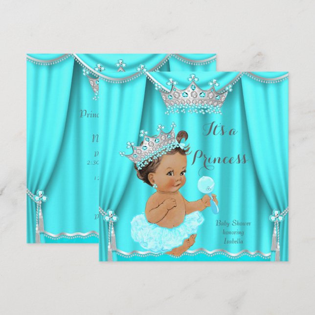 Aqua Teal Princess Baby Shower Silver Brunette Inbjudningar (Fram/baksida)