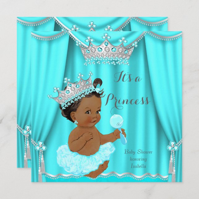 Aqua Teal Princess Baby Shower Silver Ethnic Inbjudningar (Fram/baksida)