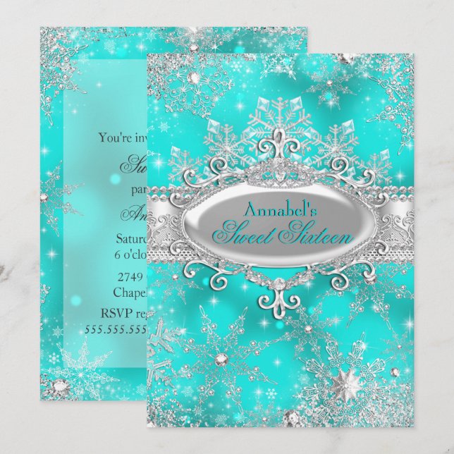Aqua Teal Princess Winter Wonderland Sweet 16 Inbjudningar (Fram/baksida)