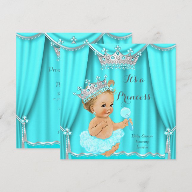 Aqua Teal Prinsessa Barnkalas Silver Blond Inbjudningar (Fram/baksida)