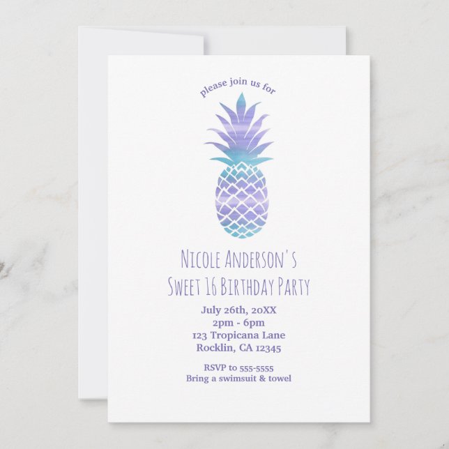 Aqua Teal & Purple Ananas Tropical Chic-fest Inbjudningar (Framsida)