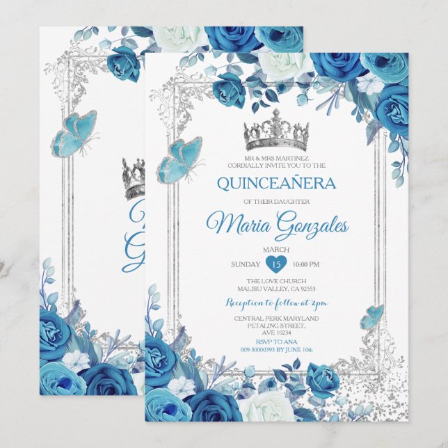 Aqua Teal Quinceañera Silver Krona 15 Anos Inbjudningar (Fram/baksida)