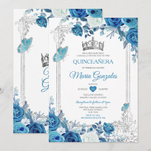 Aqua Teal Quinceañera Silver Krona 15 Anos Inbjudningar